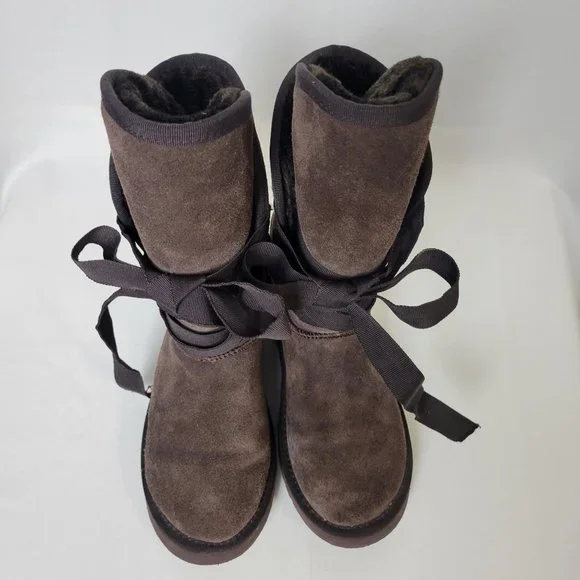 UGG Australia Brown Ribbon Lace Up Sheepskin Wool Boots Womens Size W7 - Picture 5 of 7